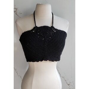 BOG Collective Crochet Halter Top Womens Medium Black Boho Festival Knit